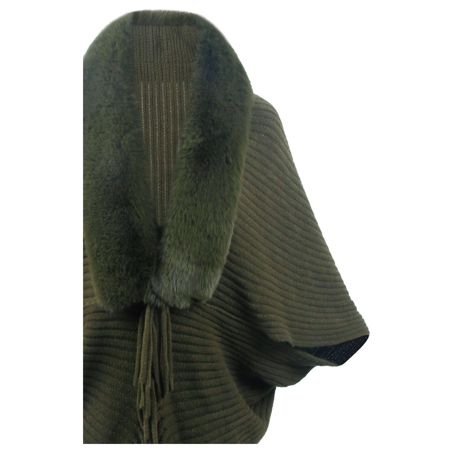 Fringe Detail Long Sleeve Ribbed Poncho