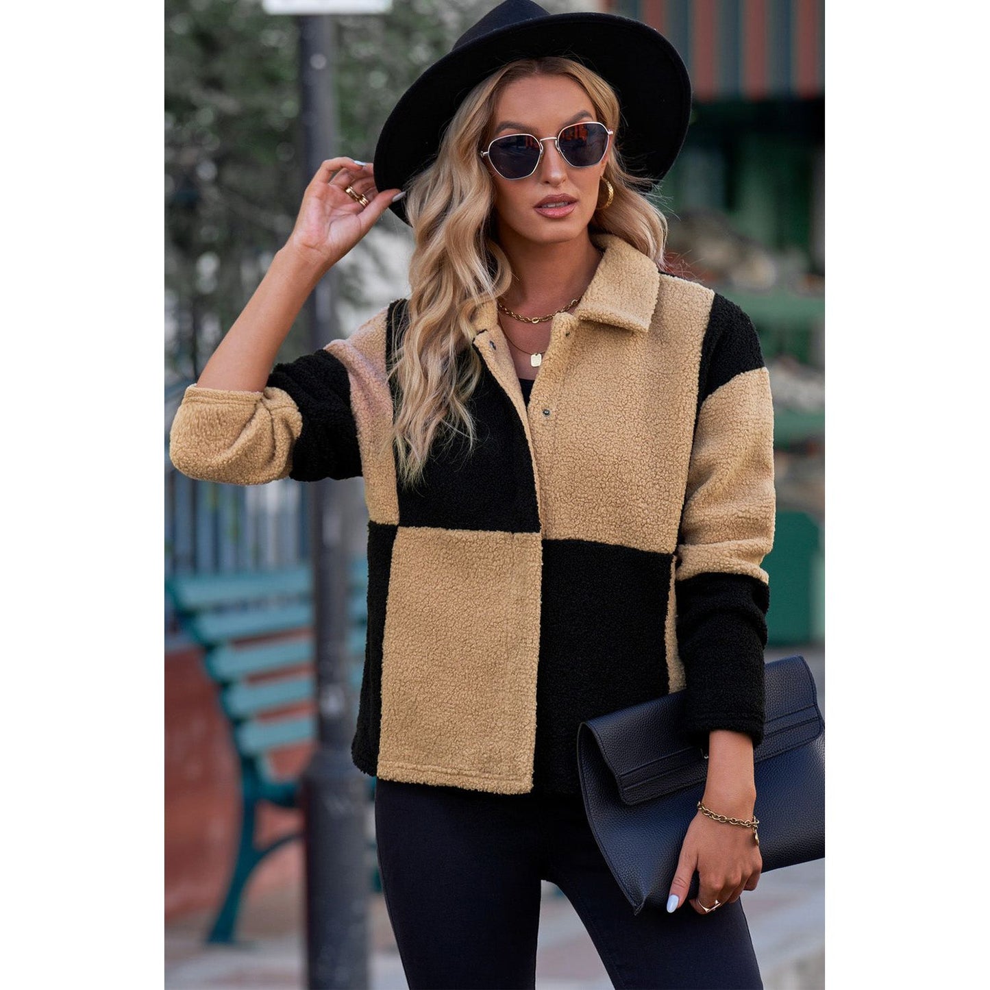 Color Block Snap Down Collared Neck Jacket