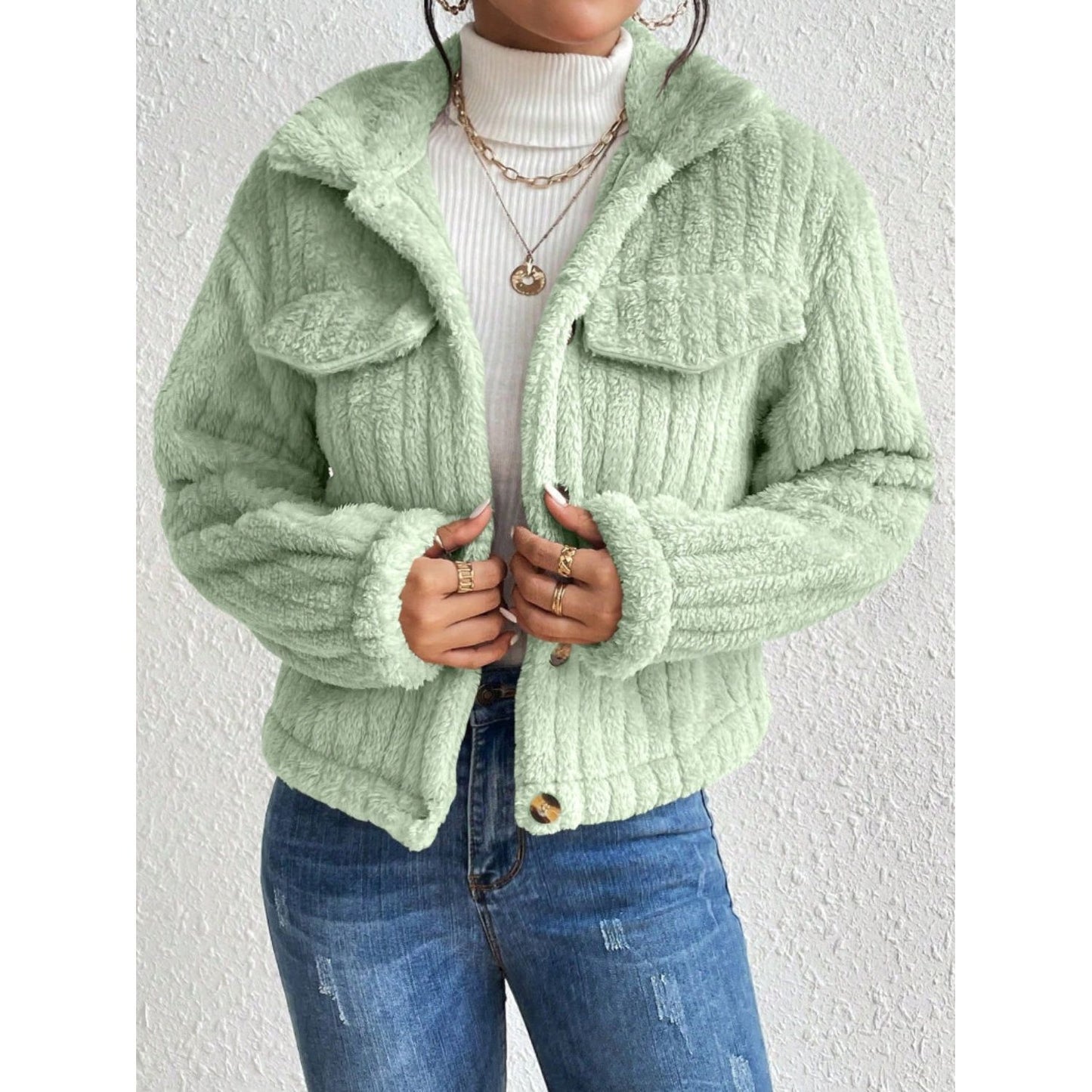 Fuzzy Button Up Collared Neck Jacket