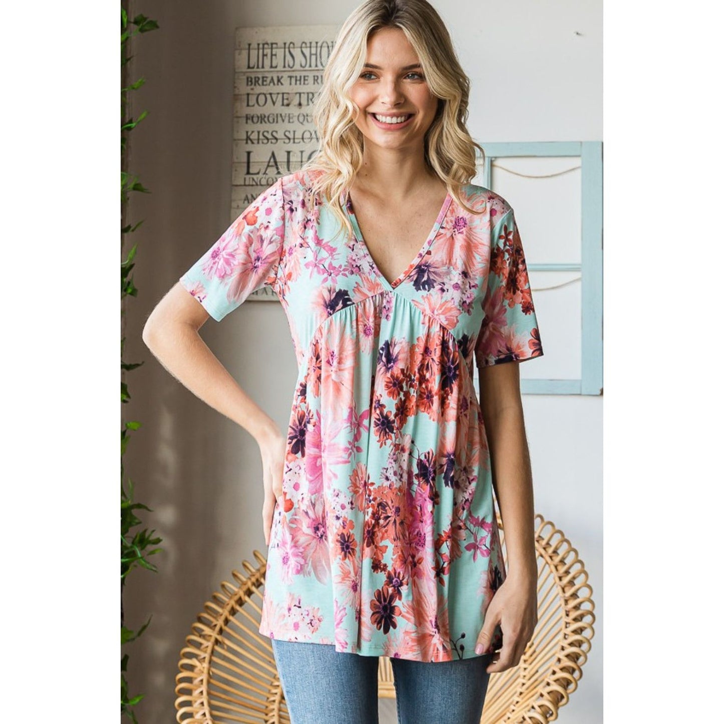 Heimish Full Size Floral V-Neck Short Sleeve Babydoll Blouse