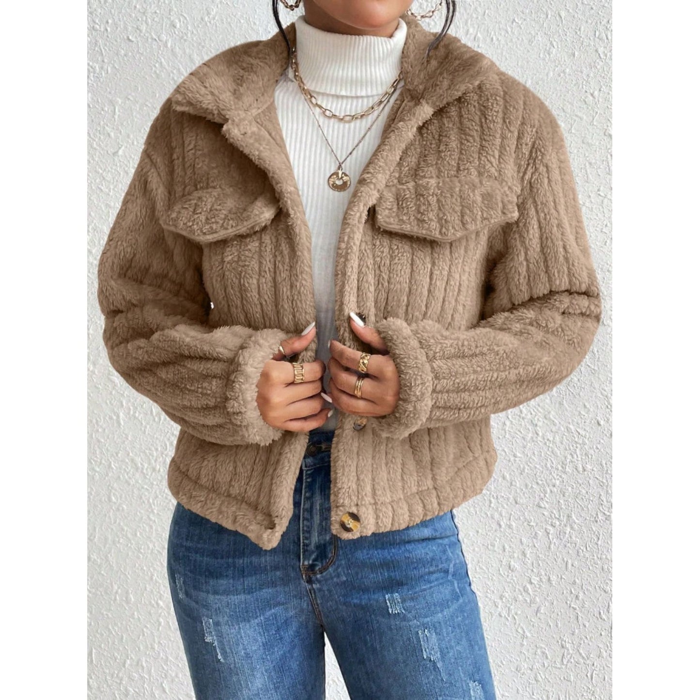 Fuzzy Button Up Collared Neck Jacket