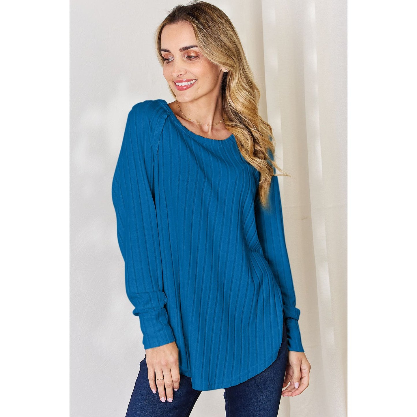 Basic Bae Full Size Ribbed Round Neck Slit T-Shirt