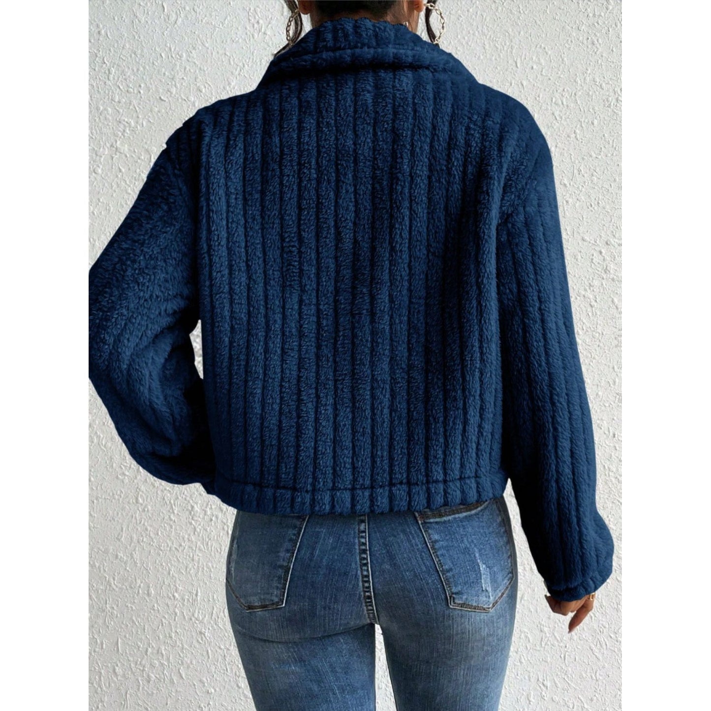 Fuzzy Button Up Collared Neck Jacket