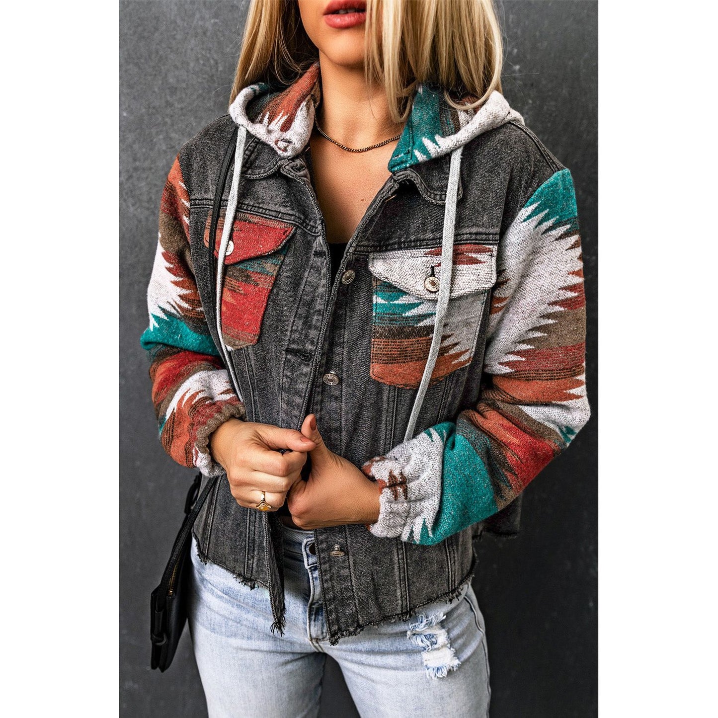 Drawstring Hooded Pocketed Denim Jacket