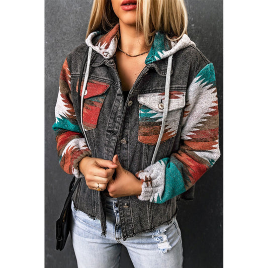 Drawstring Hooded Pocketed Denim Jacket