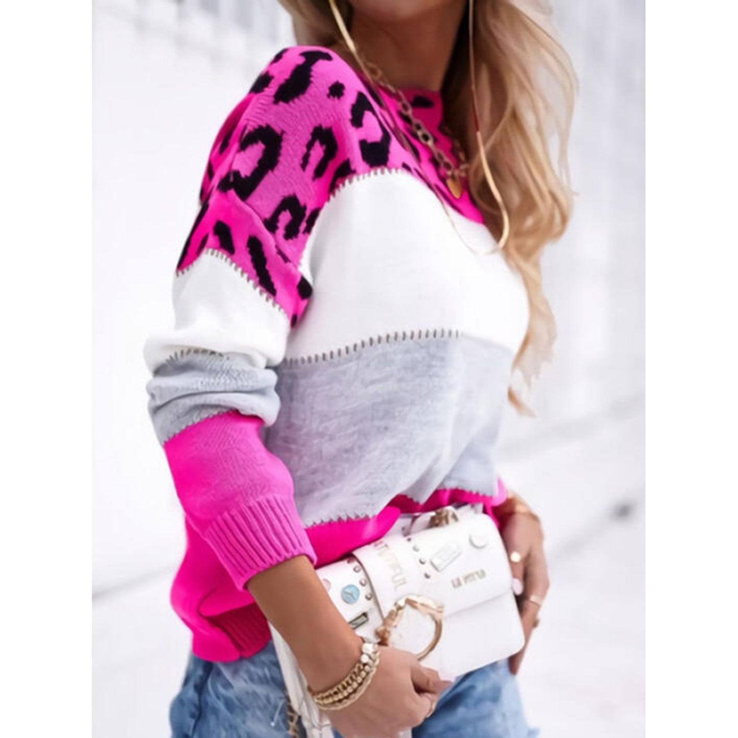 Leopard Color Block Round Neck Long Sleeve Sweater