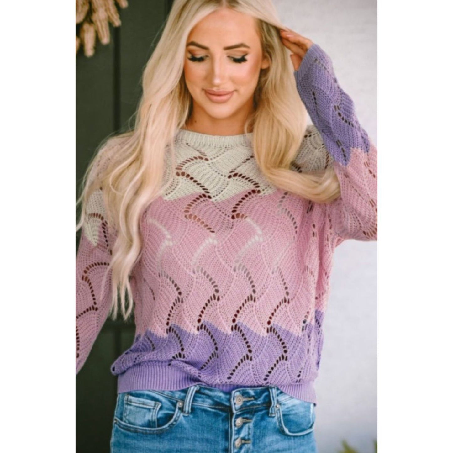 Color Block Hollow Boat Neck Sweater