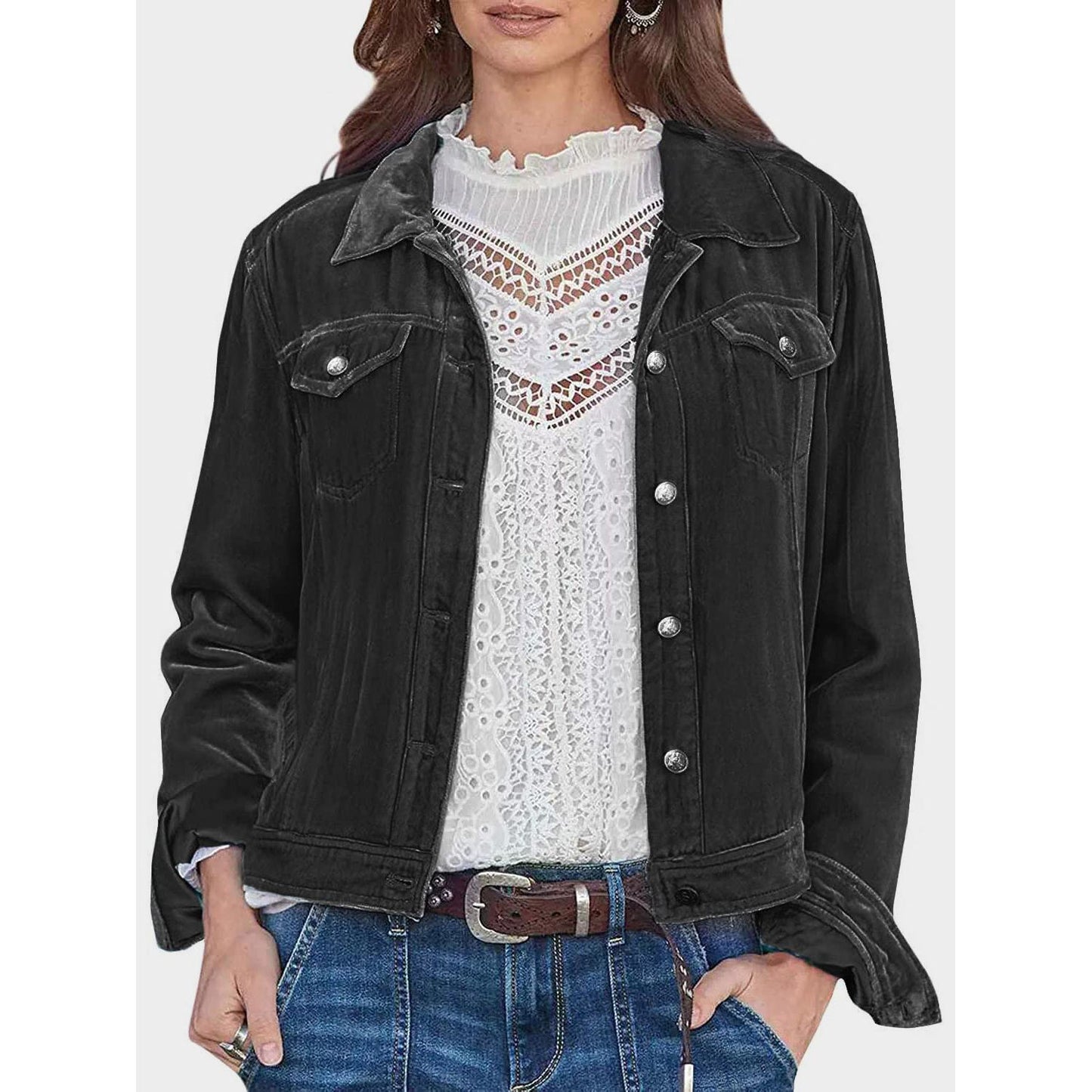 Button Up Long Sleeve Jacket with Chest Pockets