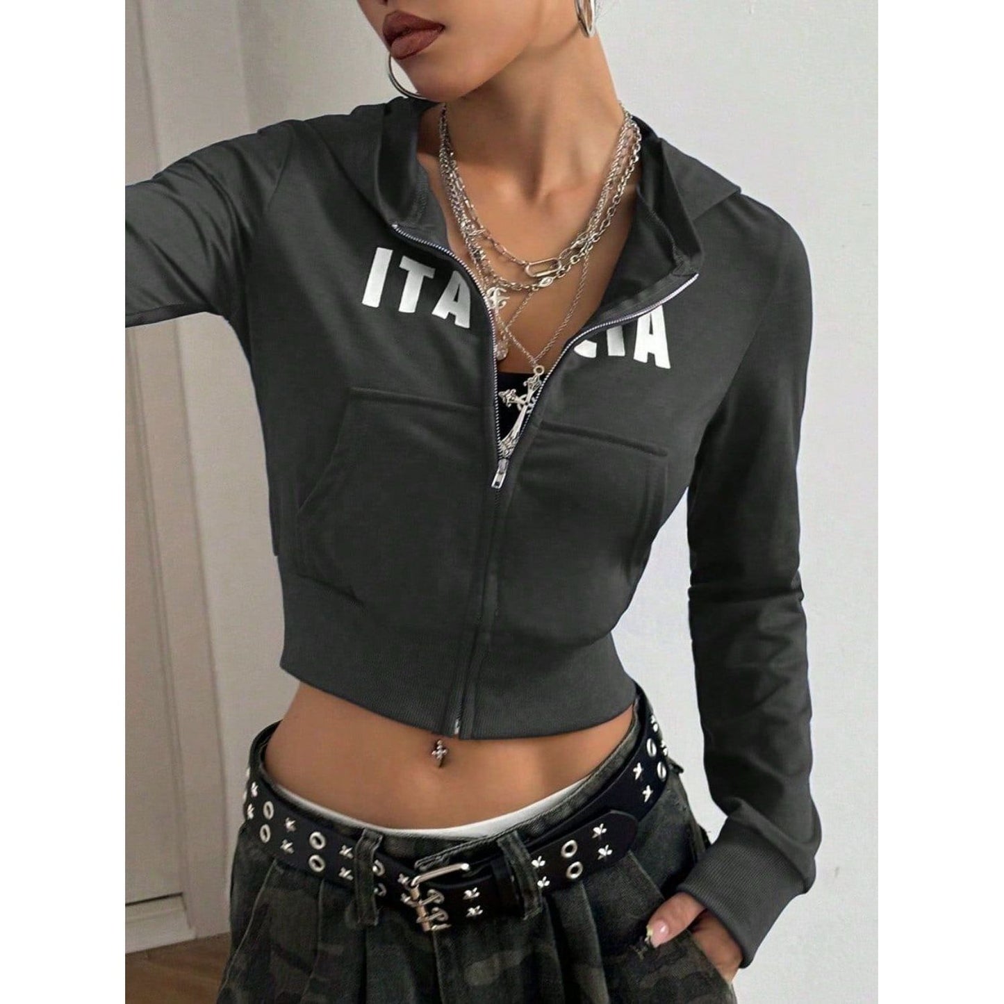 Letter Graphic Zip Up Long Sleeve Hoodie