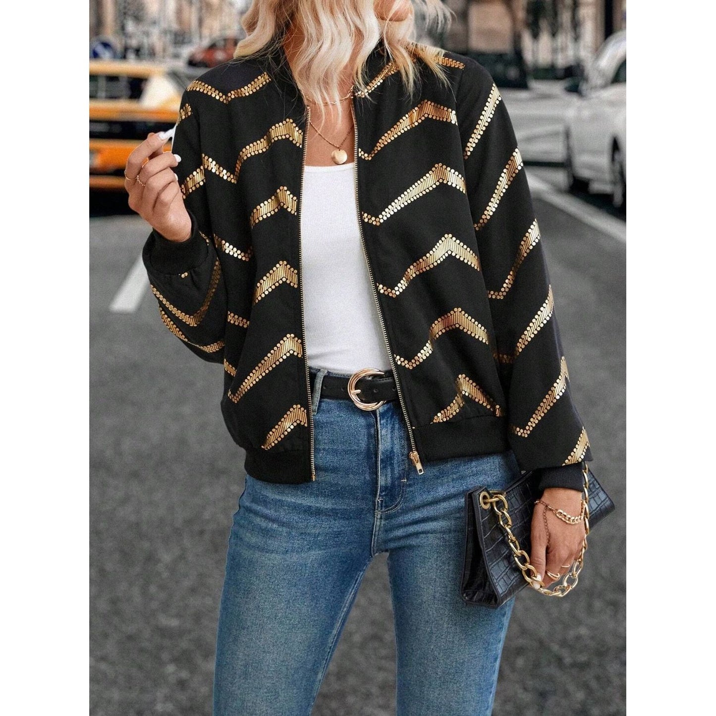 Printed Baseball Collar Zip Up Jacket