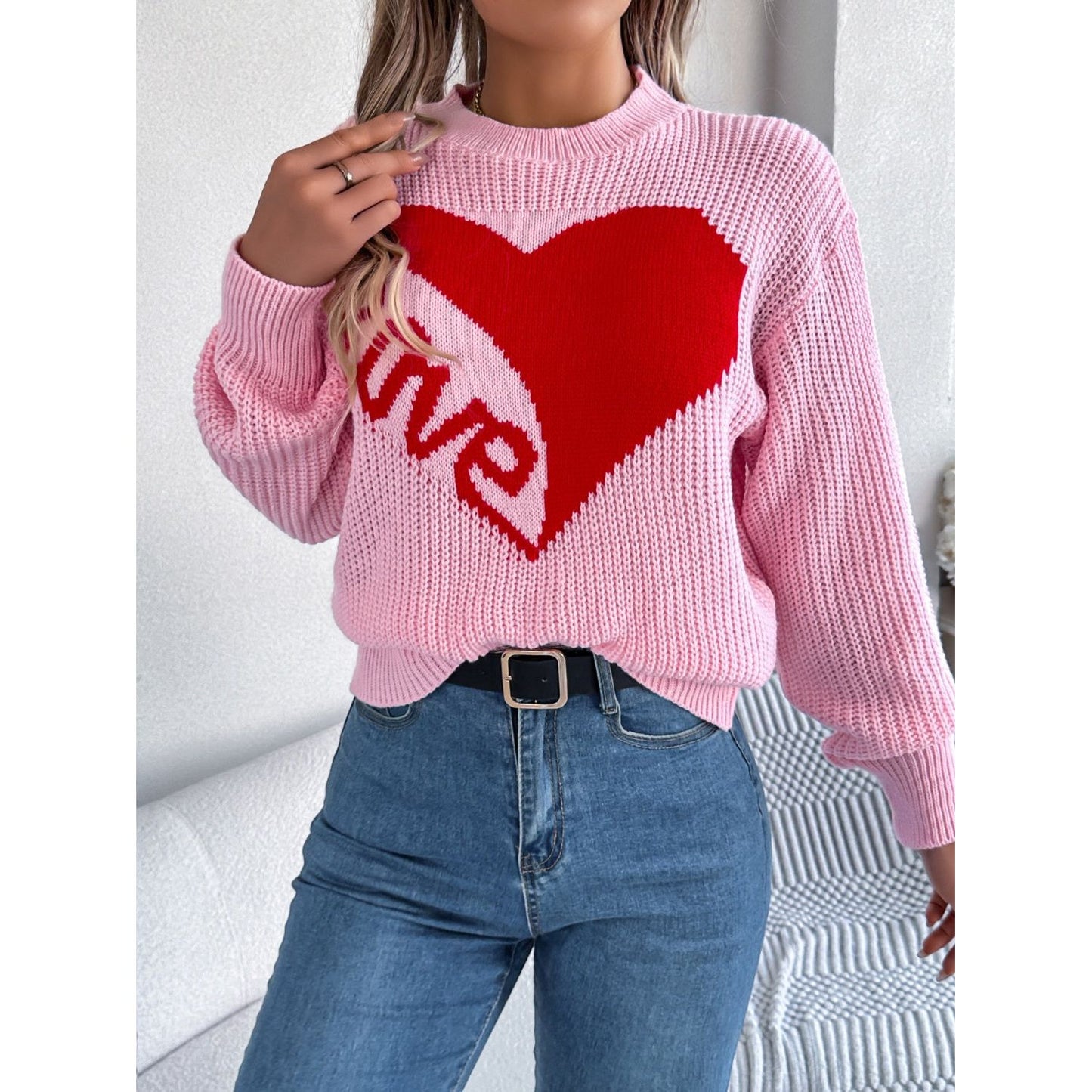 LOVE Heart Round Neck Dropped Shoulder Sweater