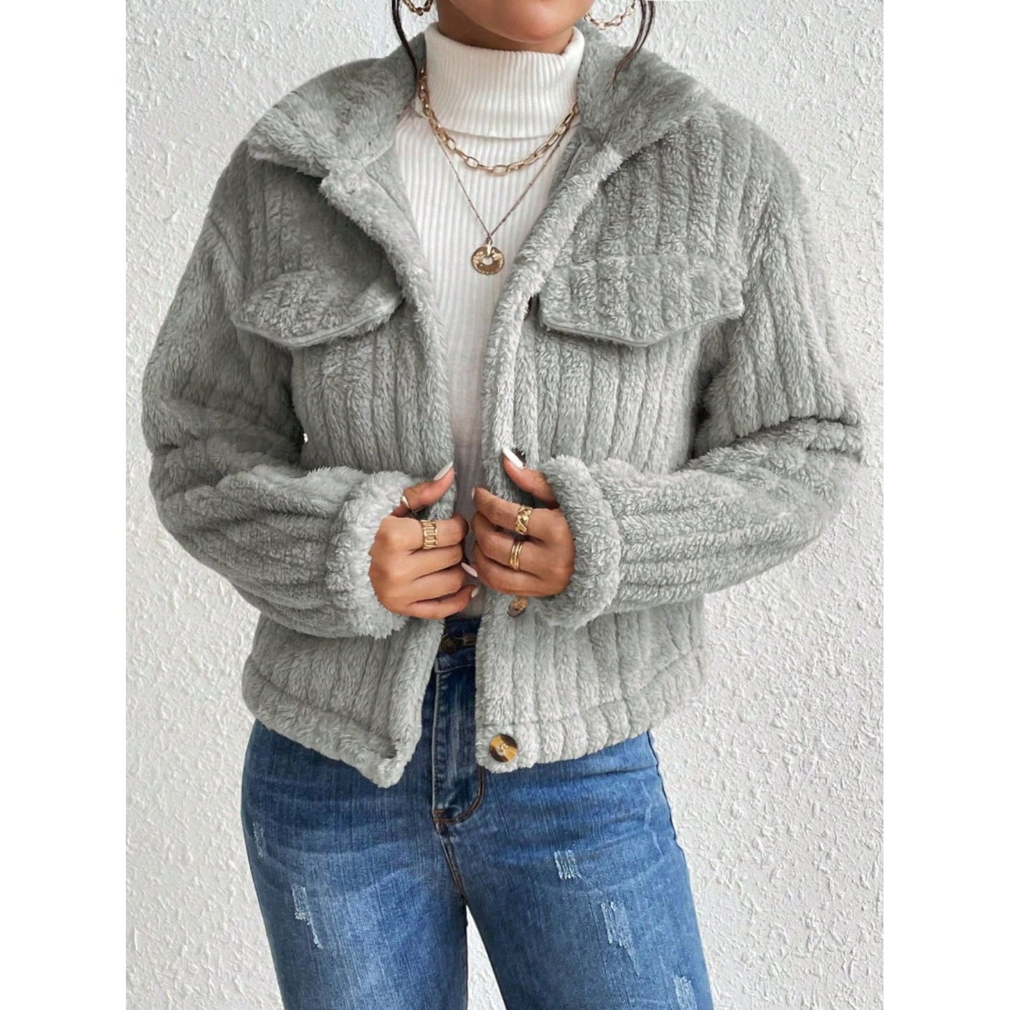 Fuzzy Button Up Collared Neck Jacket