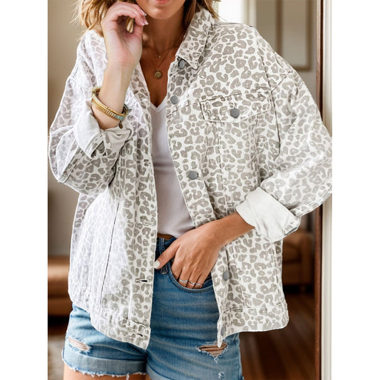 Leopard Button Up Long Sleeve Denim Jacket