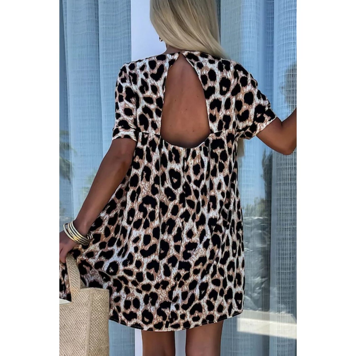 Cutout Back Leopard V-Neck Short Sleeve Mini Dress