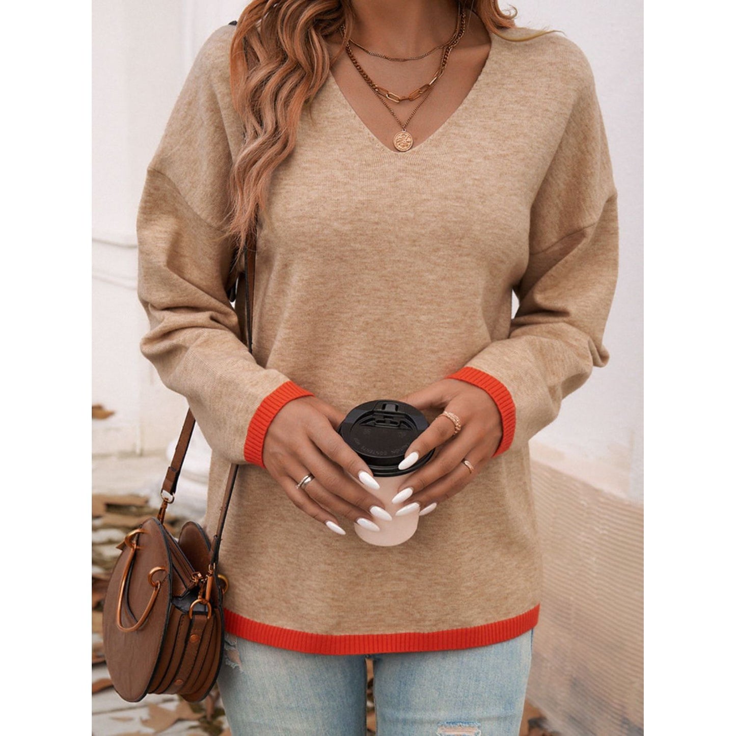 Devine Contrast Trim V-Neck Dropped Shoulder Sweater