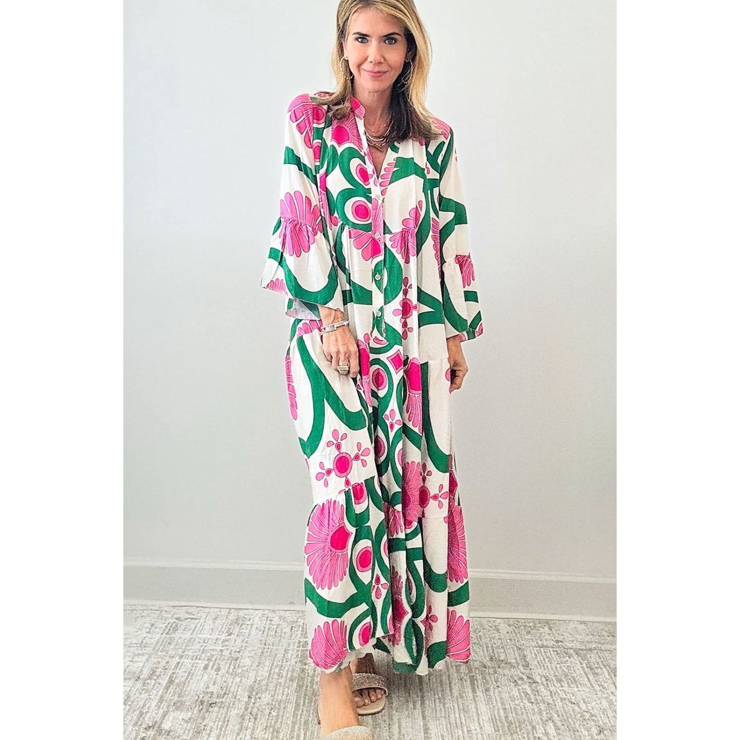 Printed Notched Long Sleeve Maxi Dress