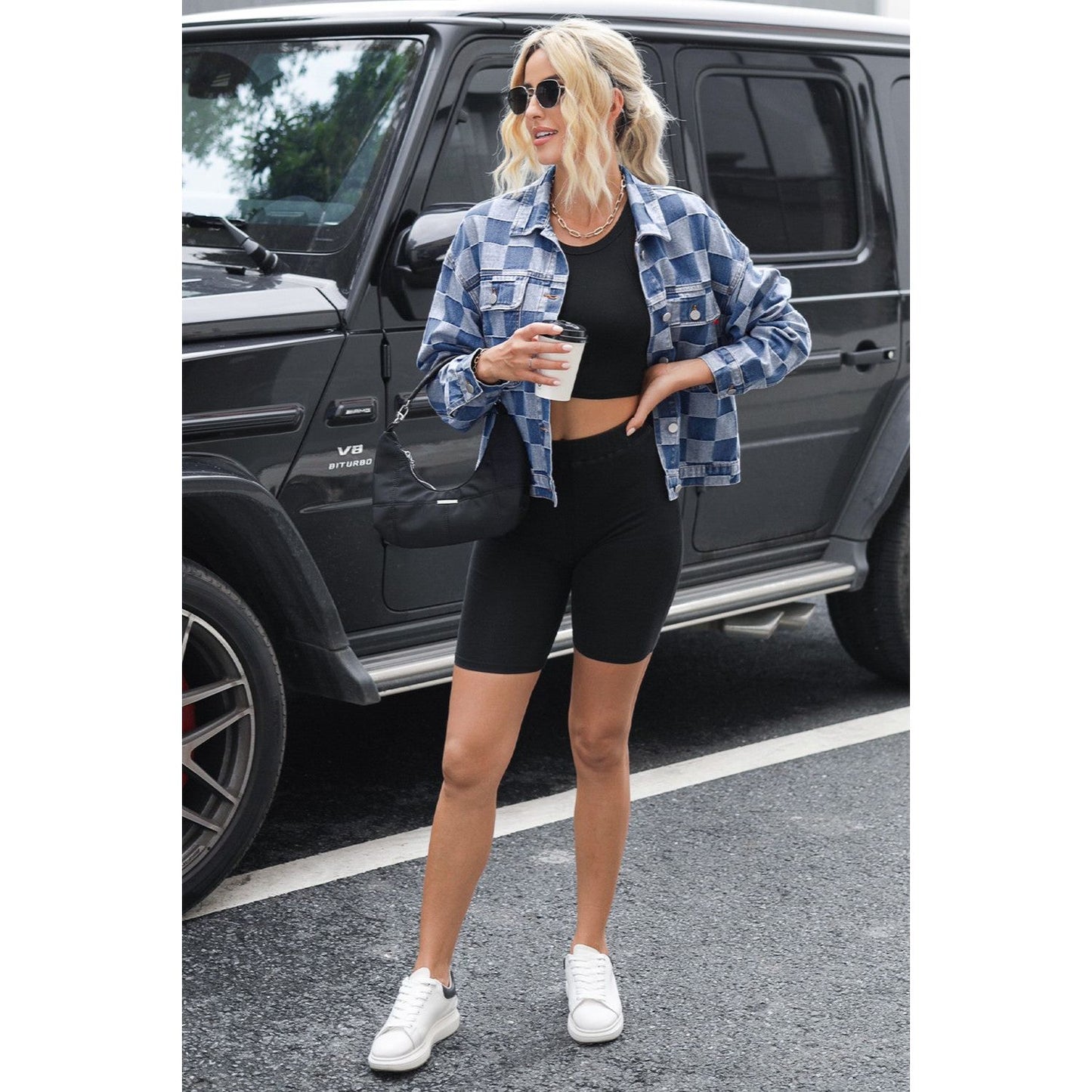 Checkered Button Up Long Sleeve Denim Jacket