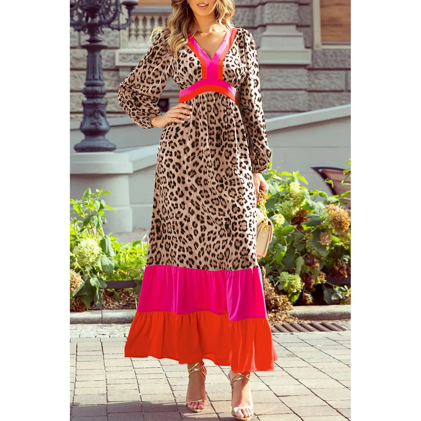 Leopard V-Neck Long Sleeve Maxi Dress