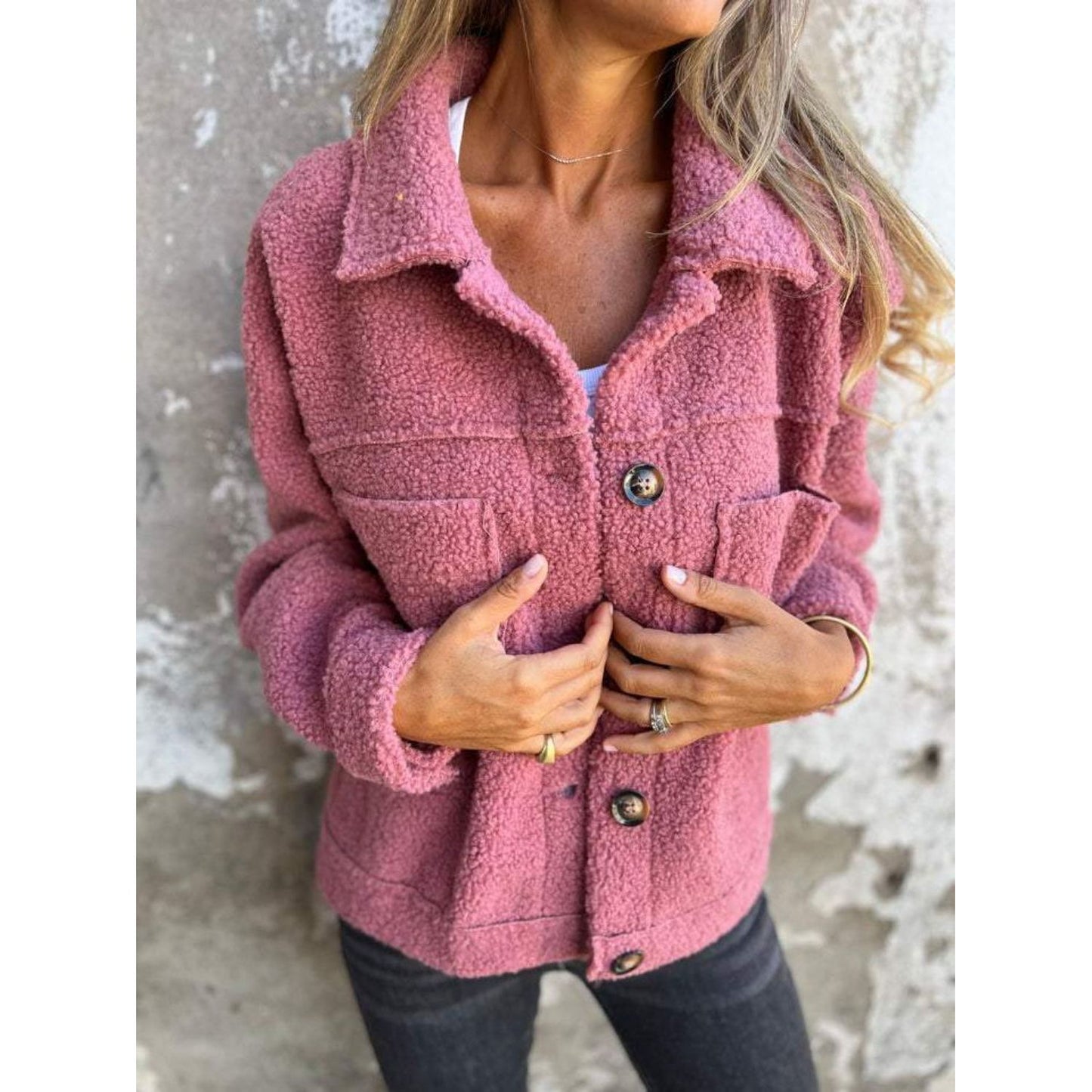 Full Size Fuzzy Button Up Drop Shoulder Jacket