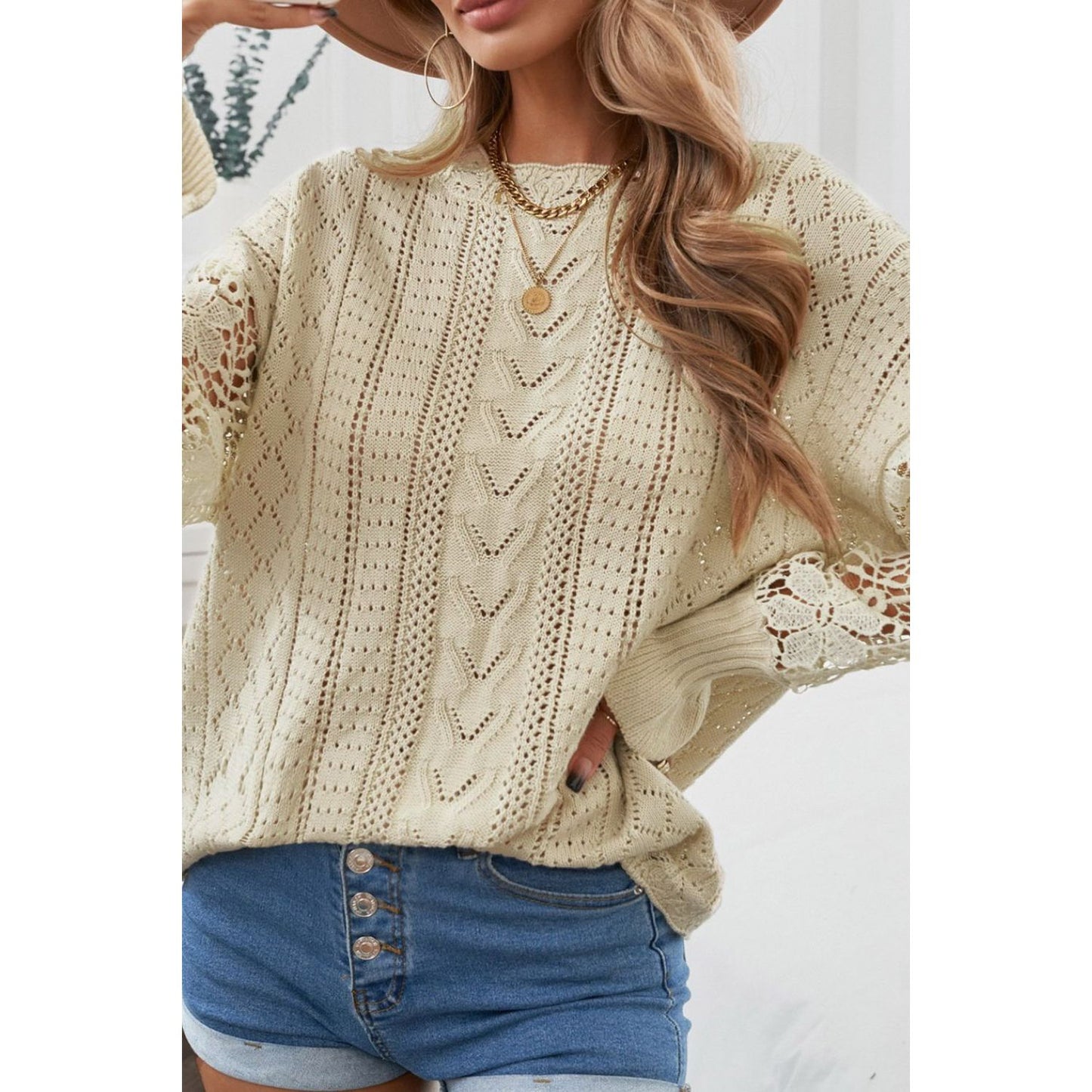 Openwork Round Neck Long Sleeve Sweater