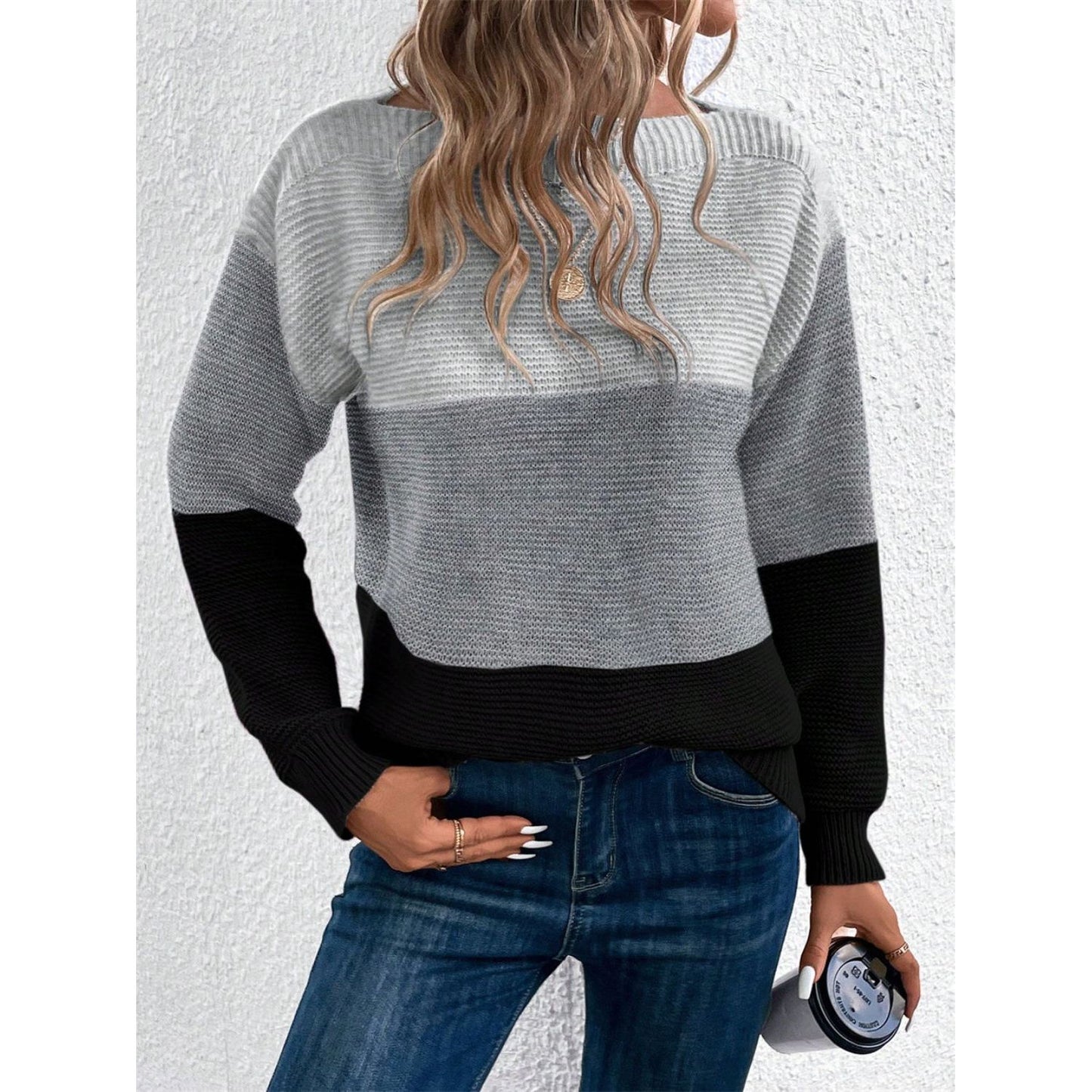 Color Block Drop Shoulder Long Sleeve Sweater