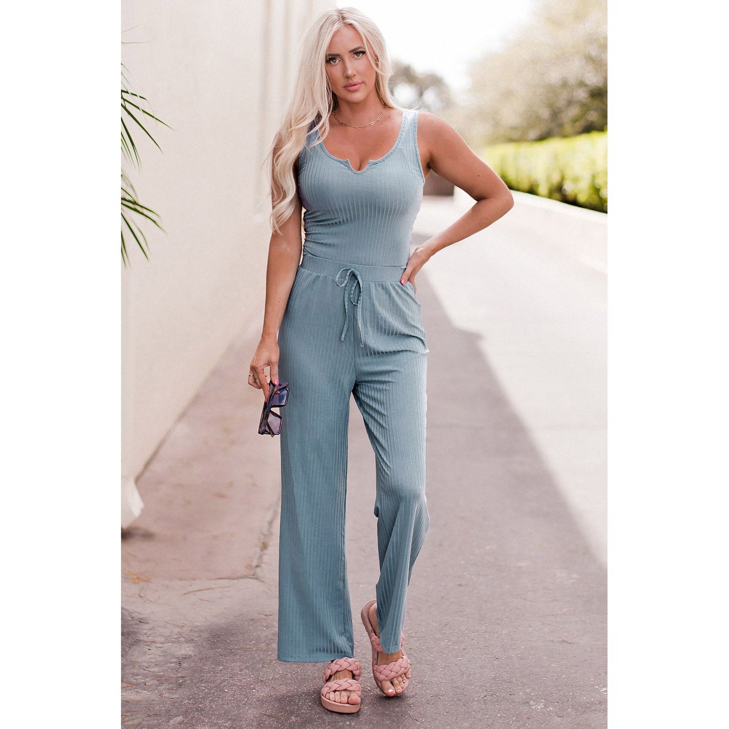 Notched Neck Tank Top and Tie Waist Wide Leg Long Pants Lounge Set