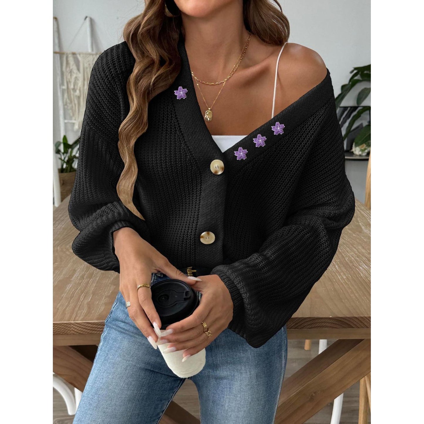 V-Neck Button Up Long Sleeve Cardigan