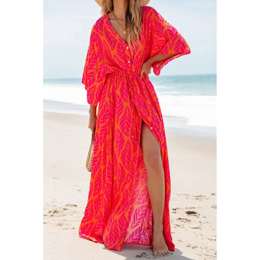 Drawstring Printed V-Neck Maxi Dress