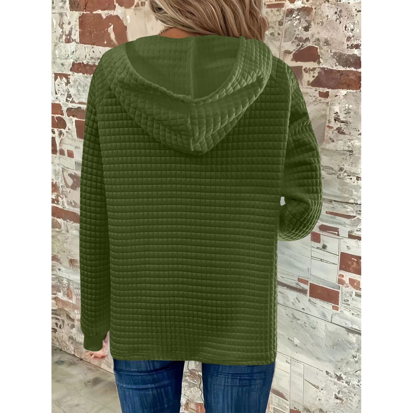 Full Size Texture Button Detail Drawstring Long Sleeve Hoodie