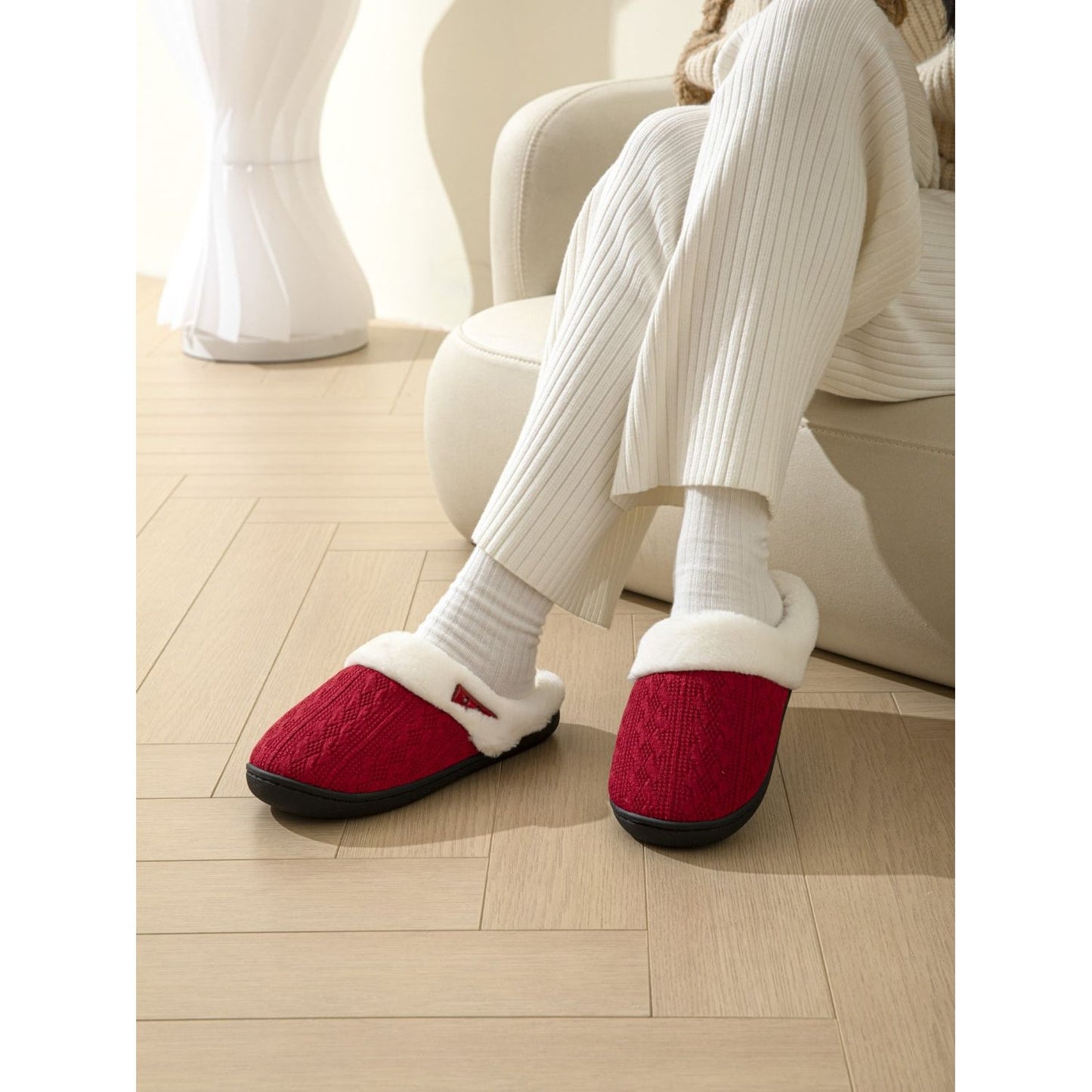Horn Buckle Furry Texture Flat Slippers