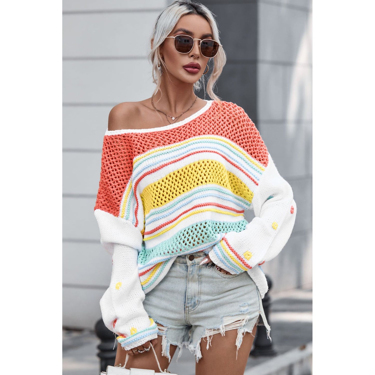 Openwork Striped Round Neck Long Sleeve Sweater