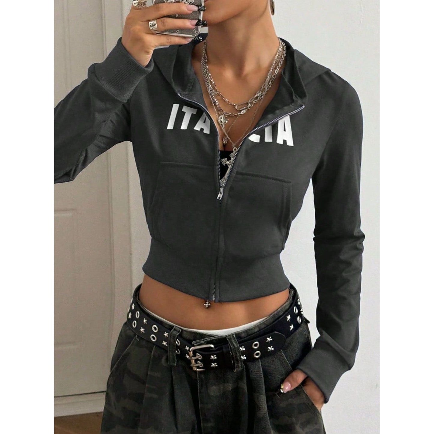 Letter Graphic Zip Up Long Sleeve Hoodie