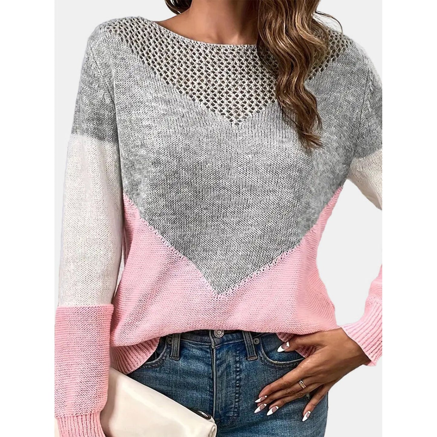 Openwork Contrast Round Neck Long Sleeve Knit Top