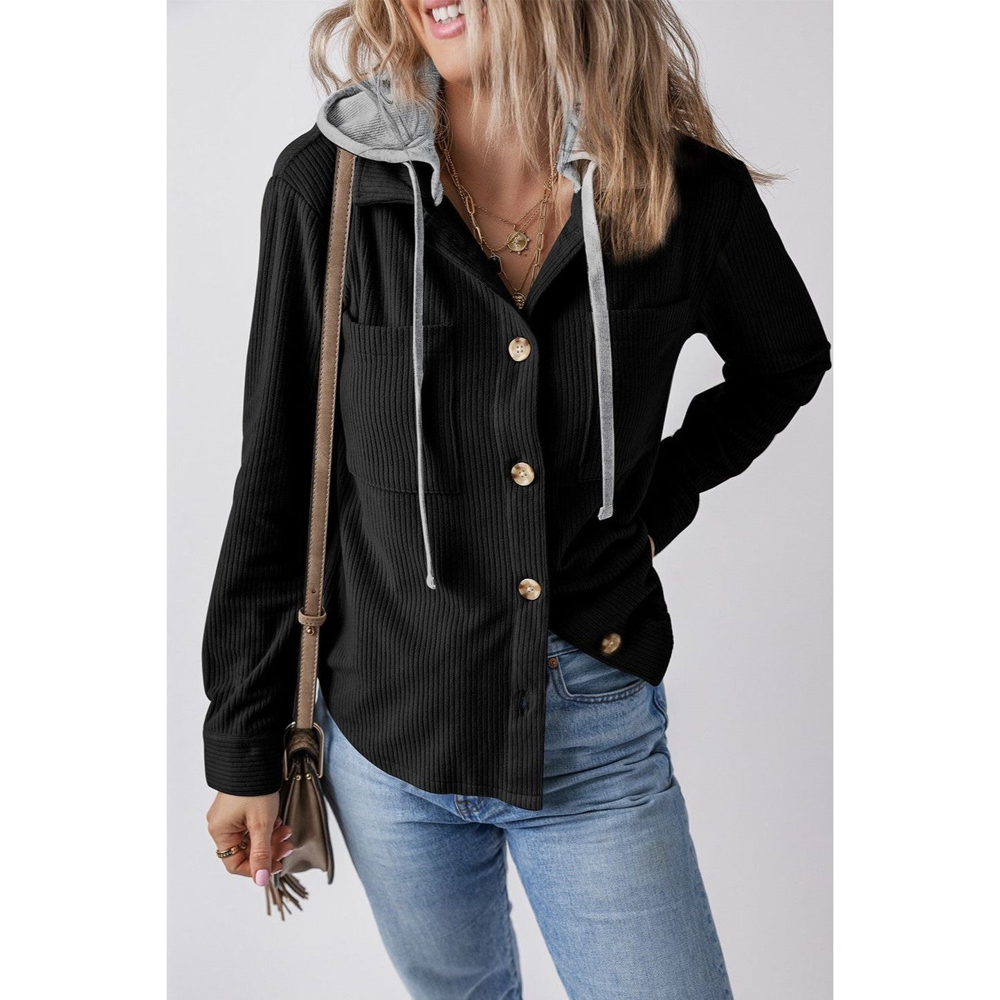 Drawstring Button Up Long Sleeve Hooded Jacket