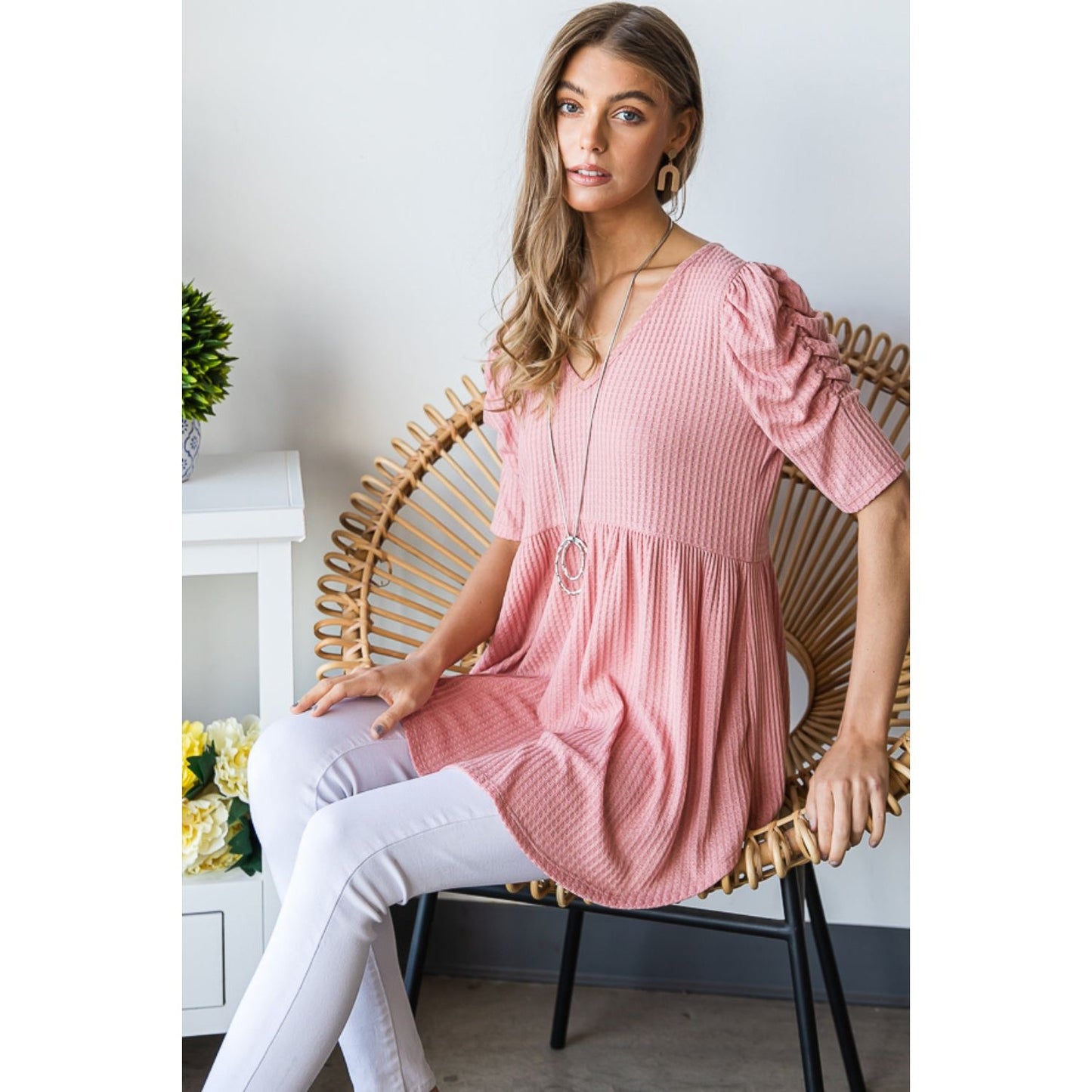 Heimish Full Size Waffle Knit V-Neck Babydoll Top