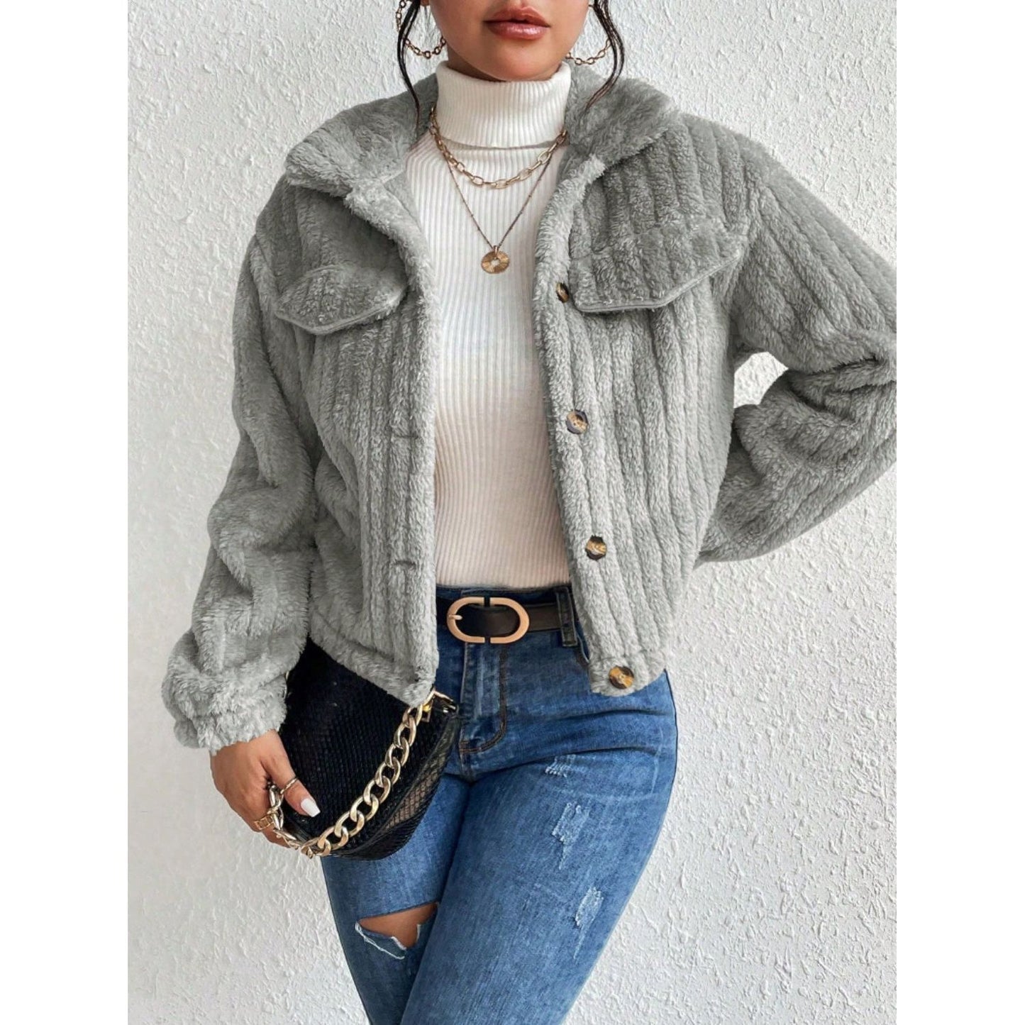 Fuzzy Button Up Collared Neck Jacket