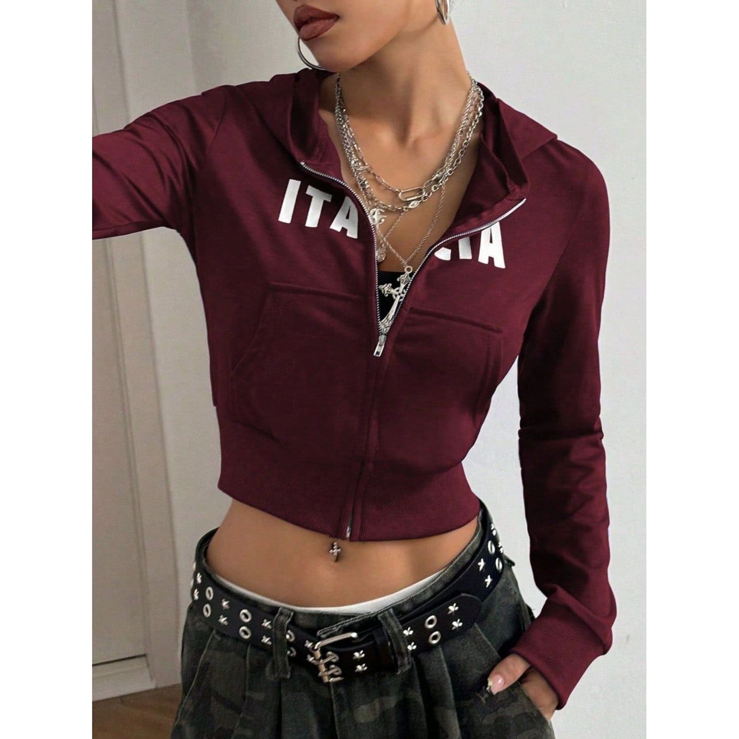 Letter Graphic Zip Up Long Sleeve Hoodie
