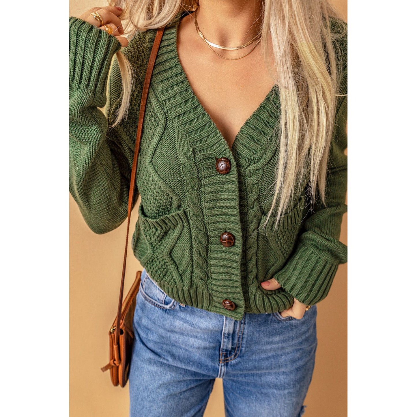 Cable-Knit Button Down V-Neck Cardigan