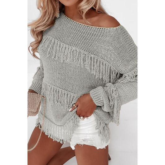 Fringe Boat Neck Long Sleeve Sweater