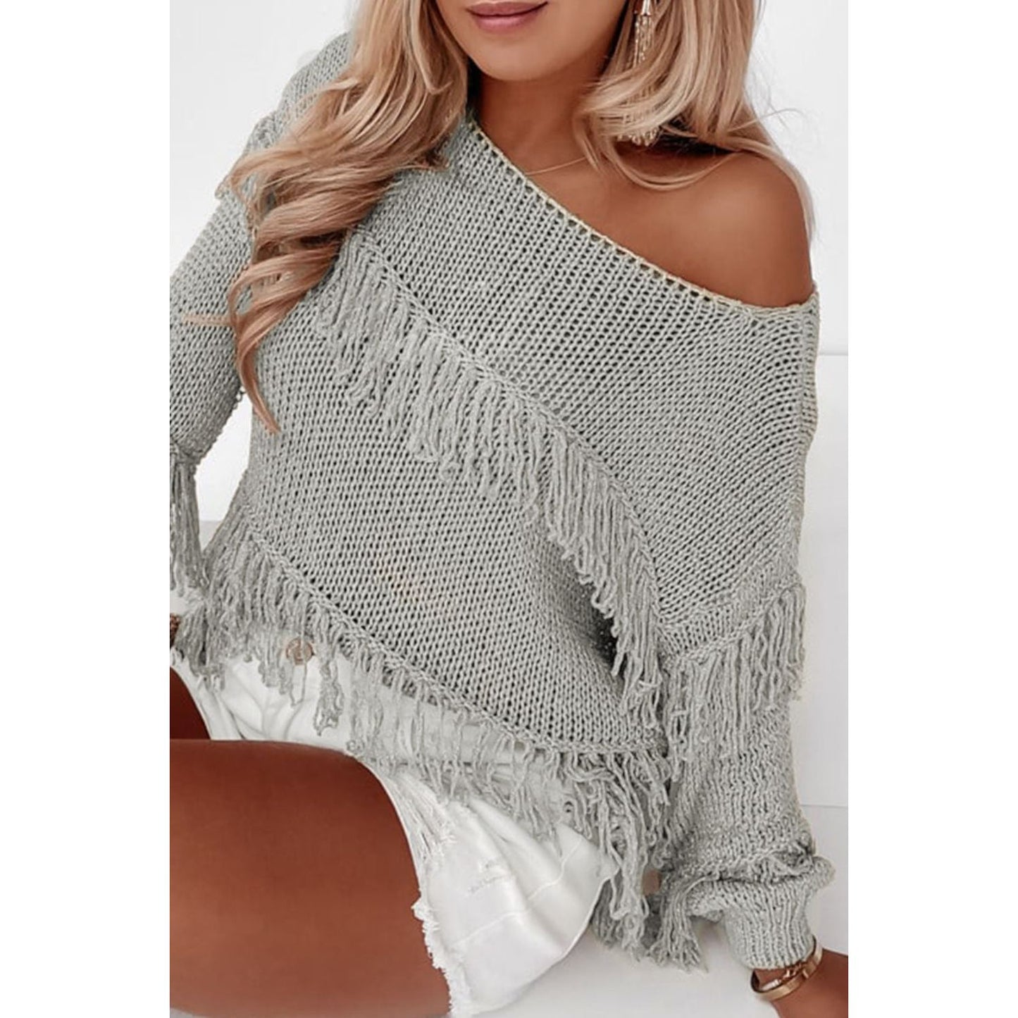 Fringe Boat Neck Long Sleeve Sweater