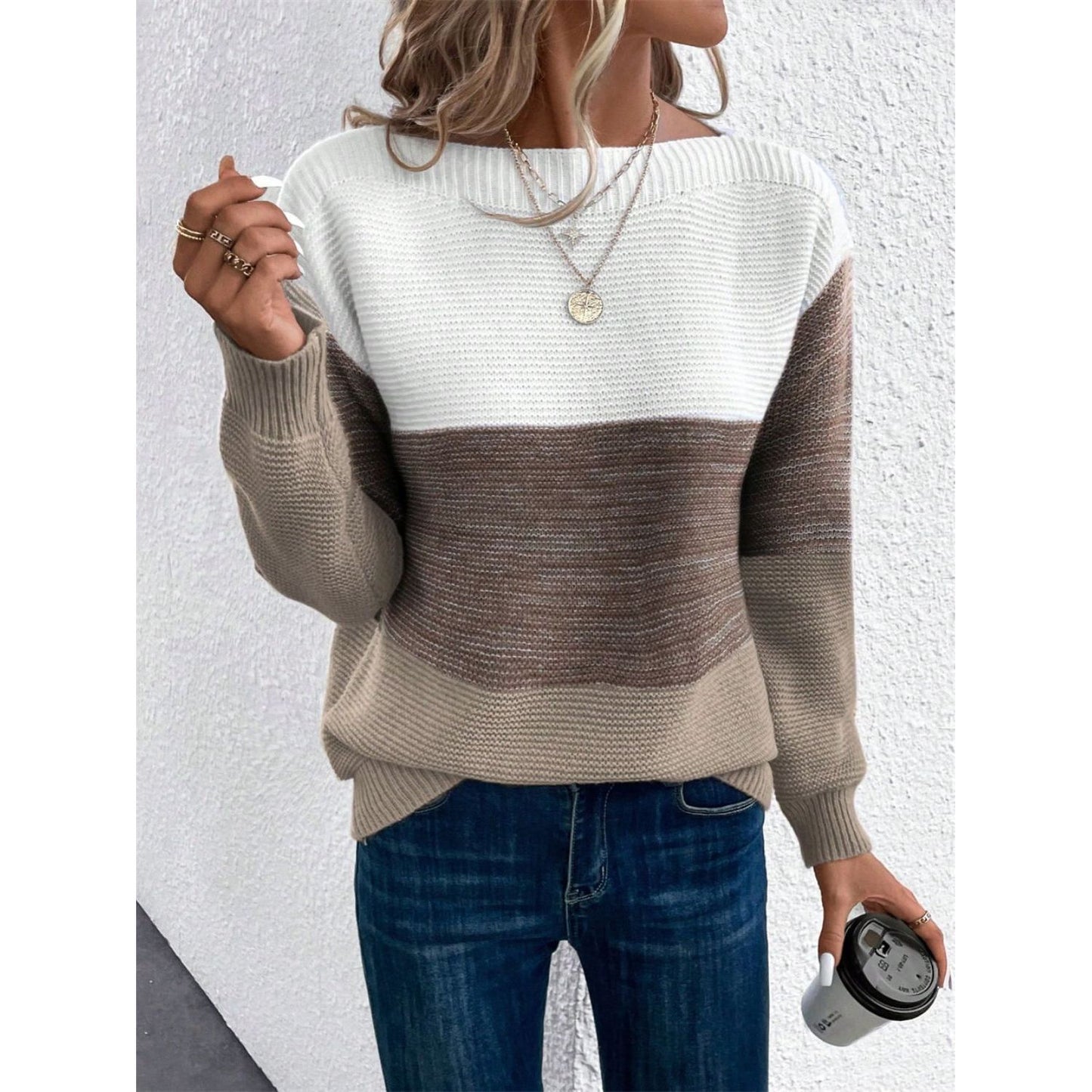 Color Block Drop Shoulder Long Sleeve Sweater