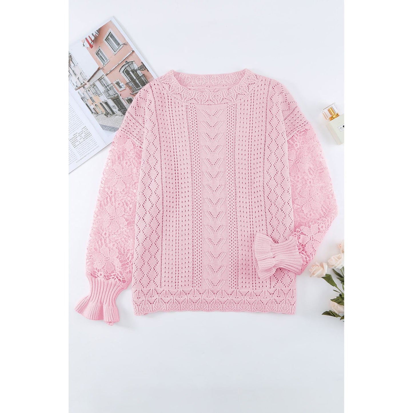 Openwork Round Neck Long Sleeve Sweater