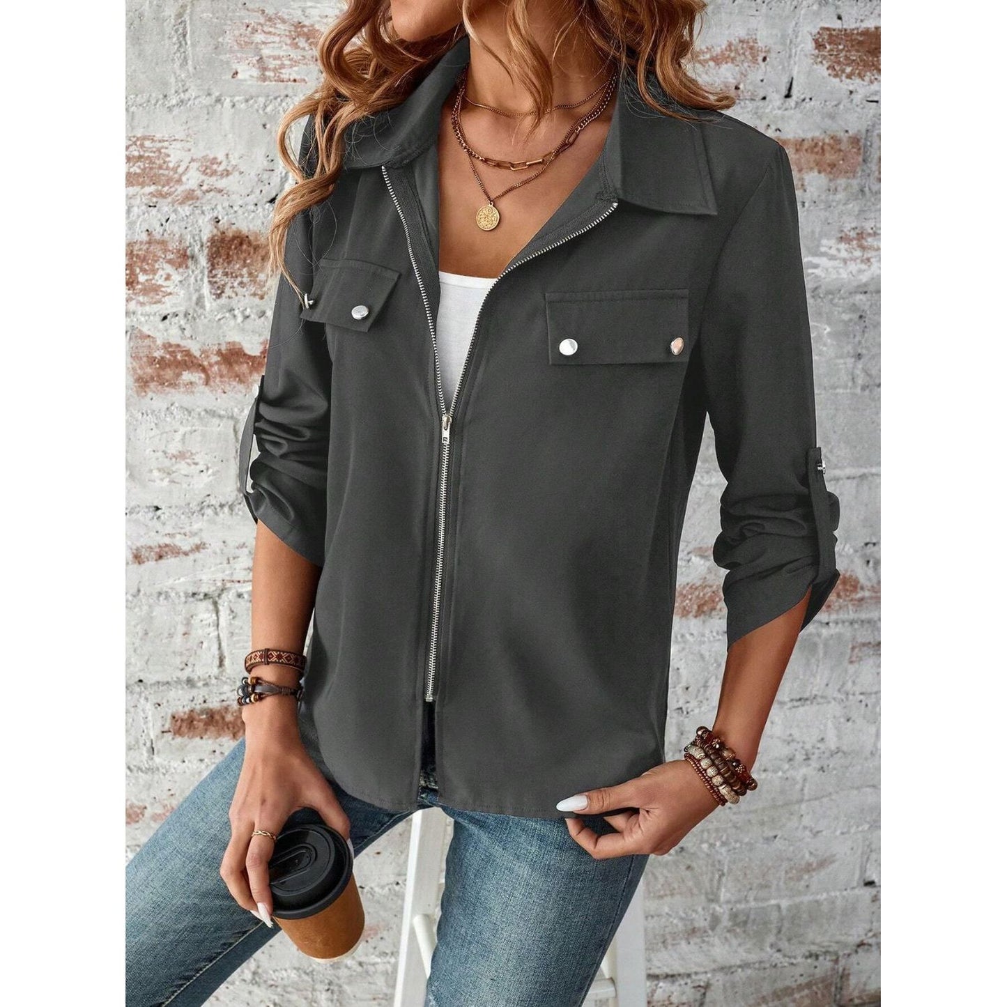 Zip Up Collared Neck Roll-Tab Sleeve Jacket