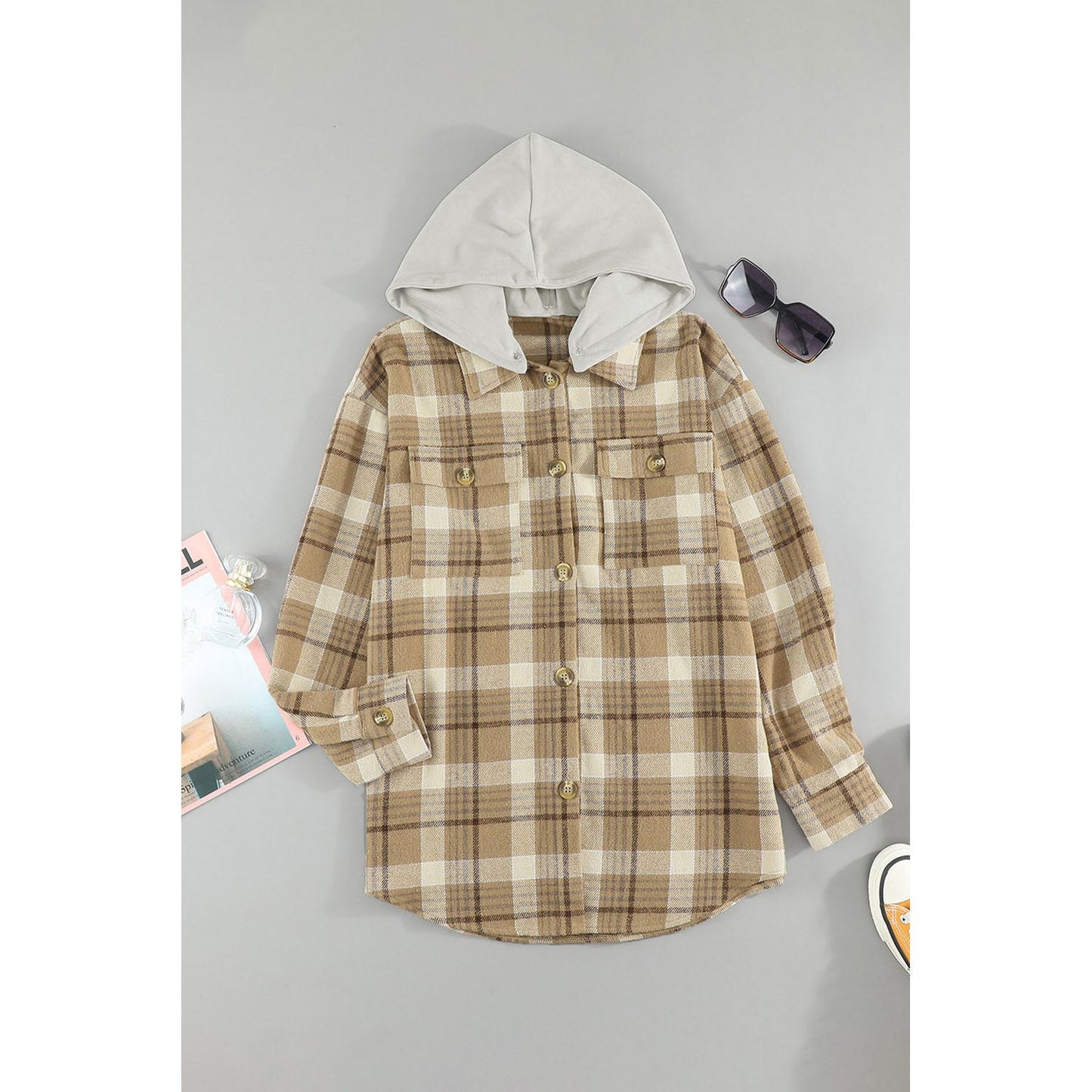 Plaid Button Up Long Sleeve Hooded Jacket