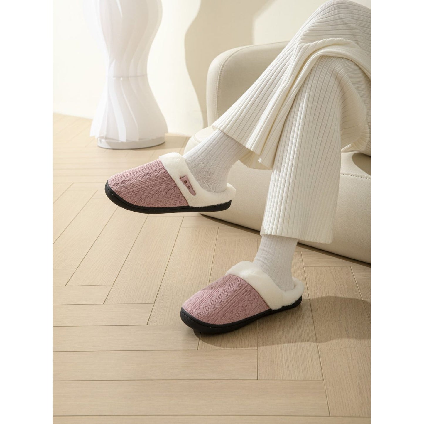 Horn Buckle Furry Texture Flat Slippers