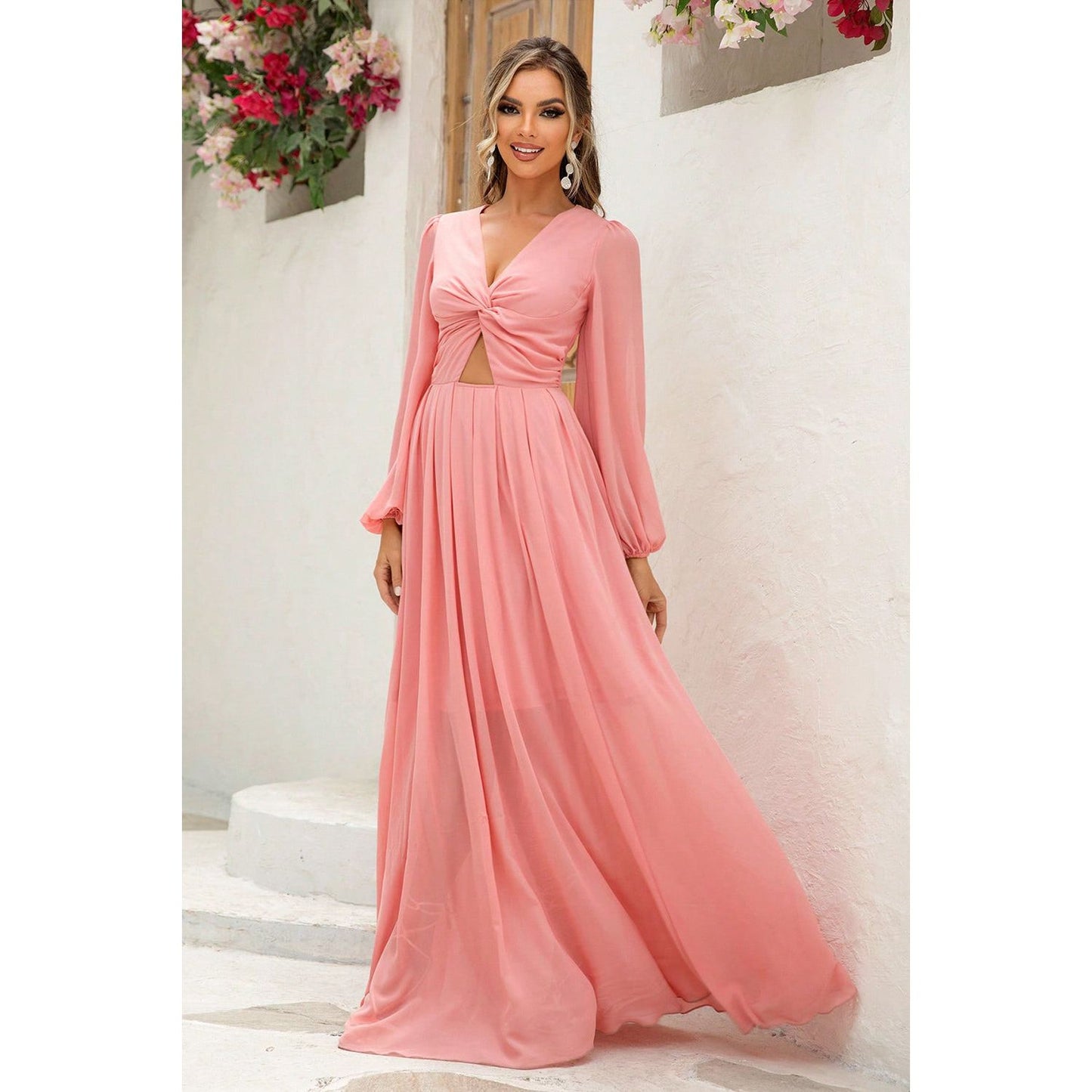 Twist Front Cutout Long Sleeve Dress