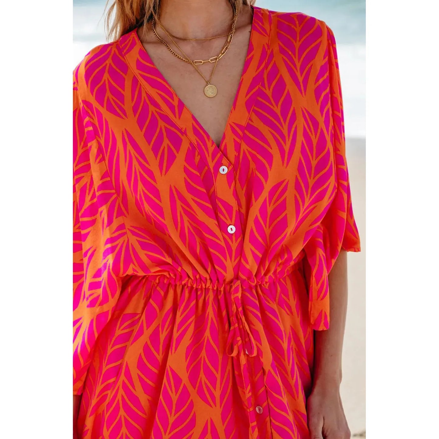 Drawstring Printed V-Neck Maxi Dress