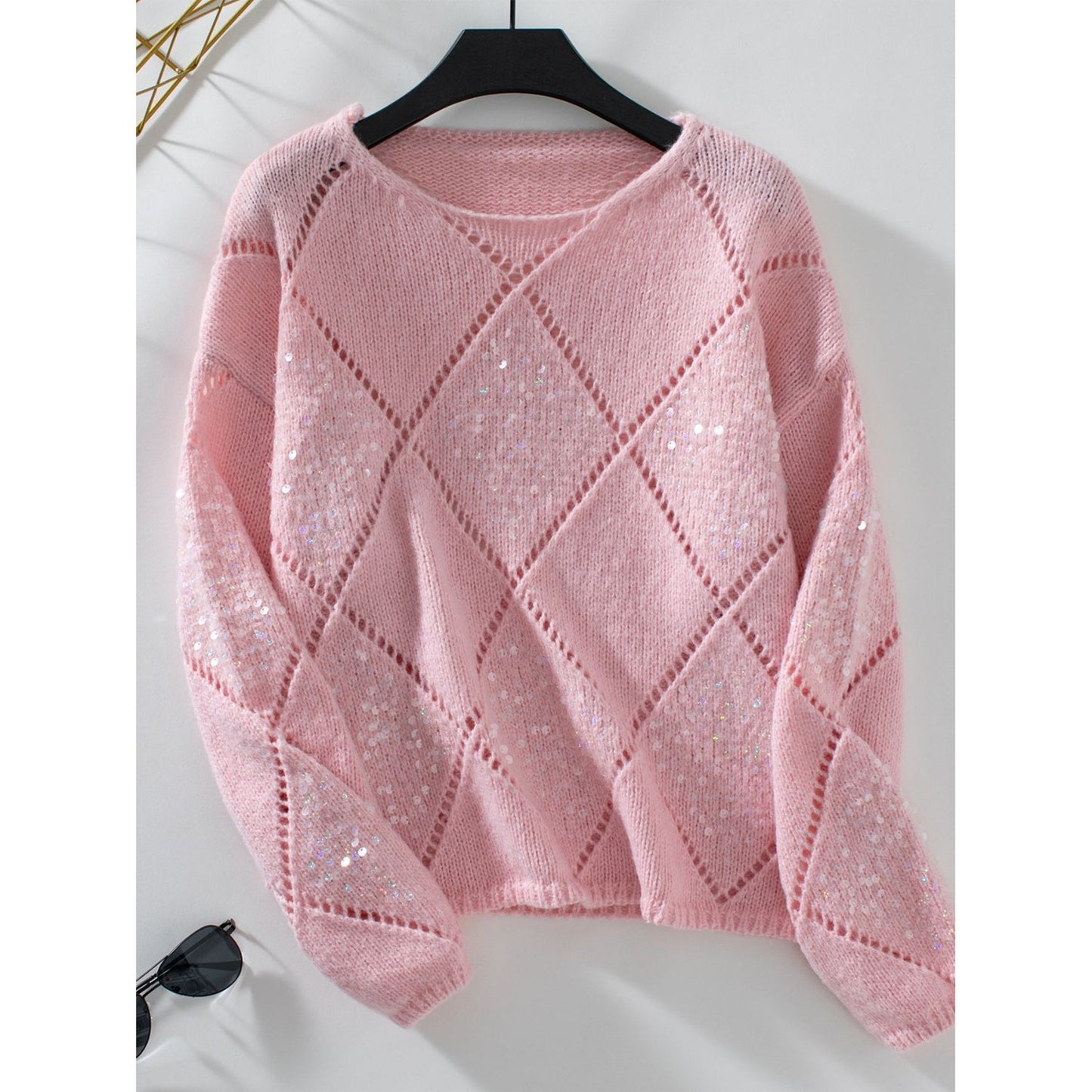Openwork Round Neck Long Sleeve Knit Top