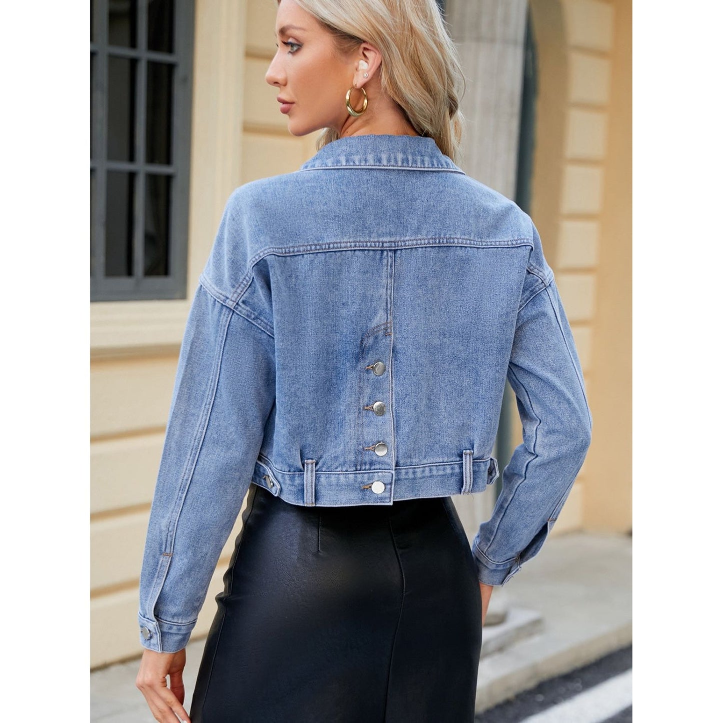 Pocketed Button Up Dropped Shoulder Denim Jacket