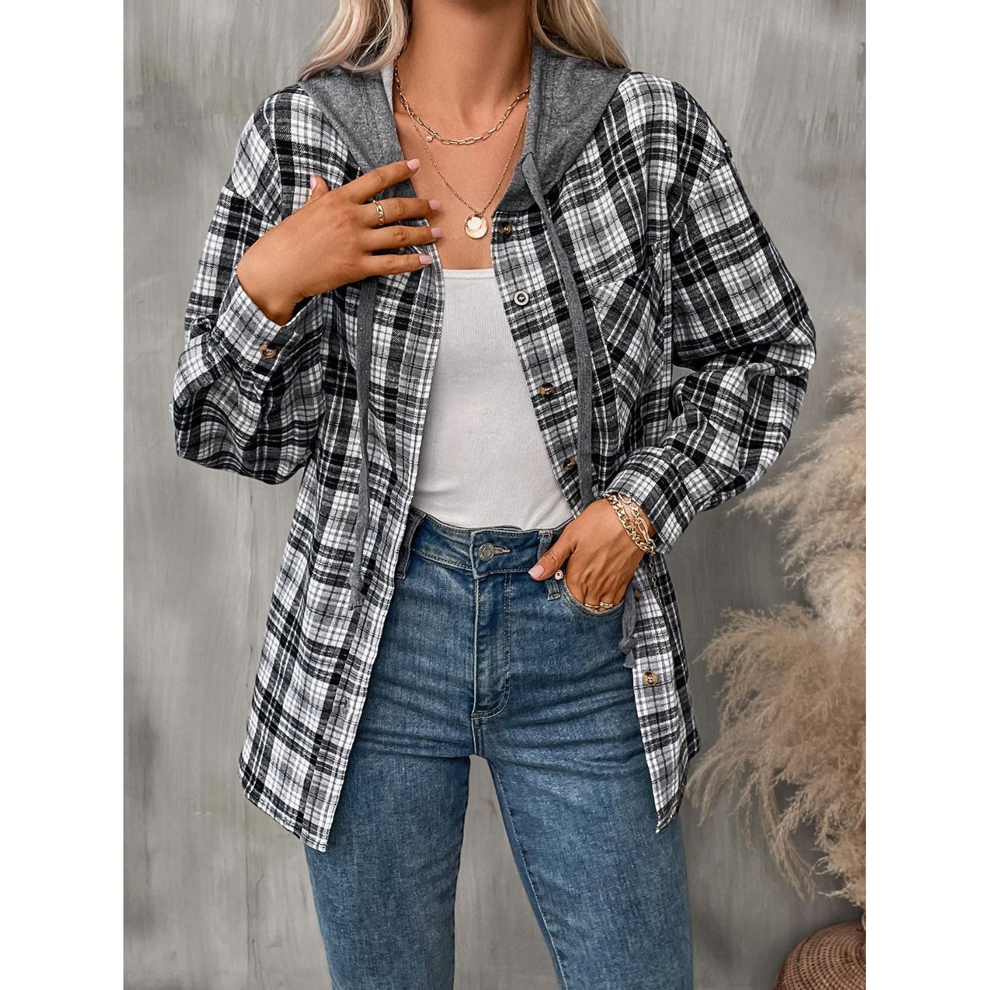 Plaid Long Sleeve Hooded Jacket
